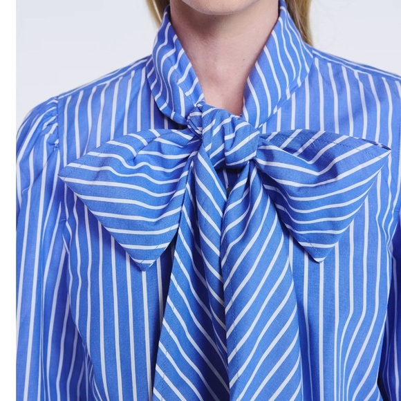 Free Assembly Cotton Tie Neck Blouse with Long Puff Sleeves - Picture 2 of 13